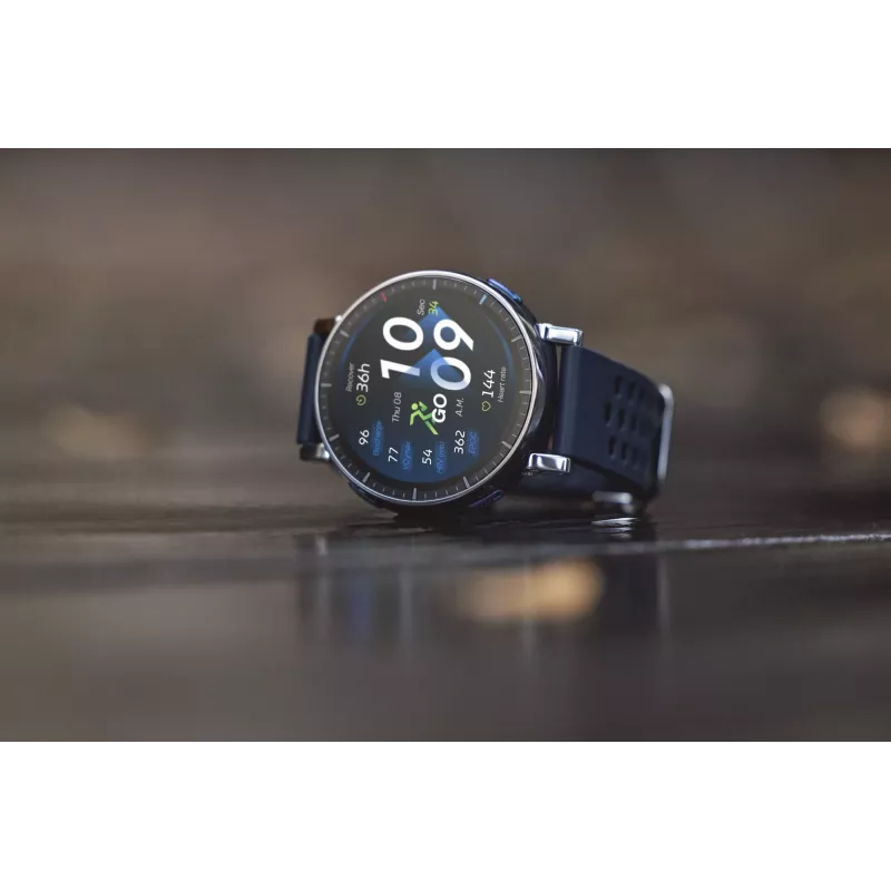 Smartwatch Amazfit W2558GL2N — 1,32 polegadas (3,35 cm) AMOLED 466×466 px, GPS, 365 mAh, bracelete de silicone (azul)