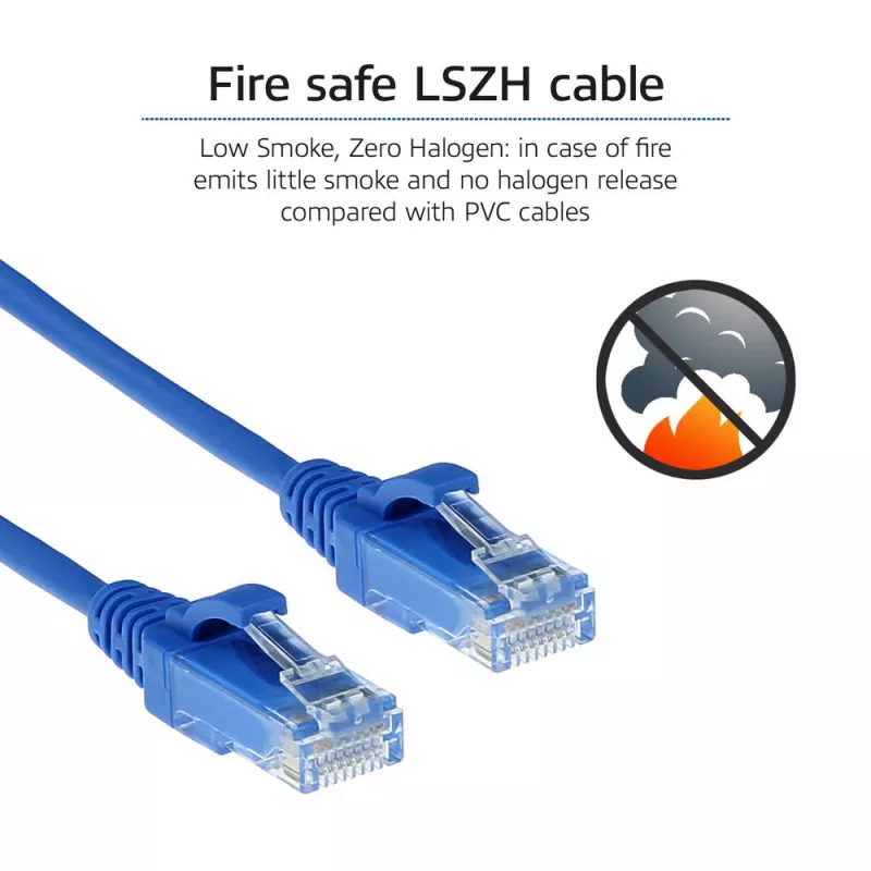 Cabo de patch slimline para datacenter ACT azul 10 metros LSZH U/UTP CAT6 com fichas RJ45 sem patilhas