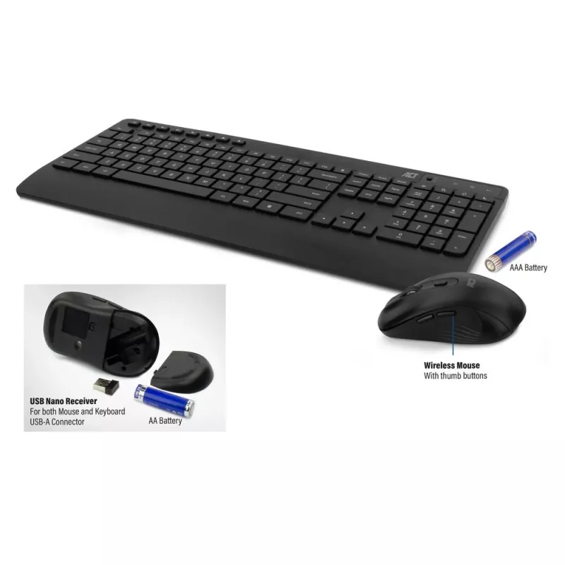 Conjunto de teclado e rato sem fios ACT (Qwerty), clique silencioso, ecológico, feito com materiais reciclados