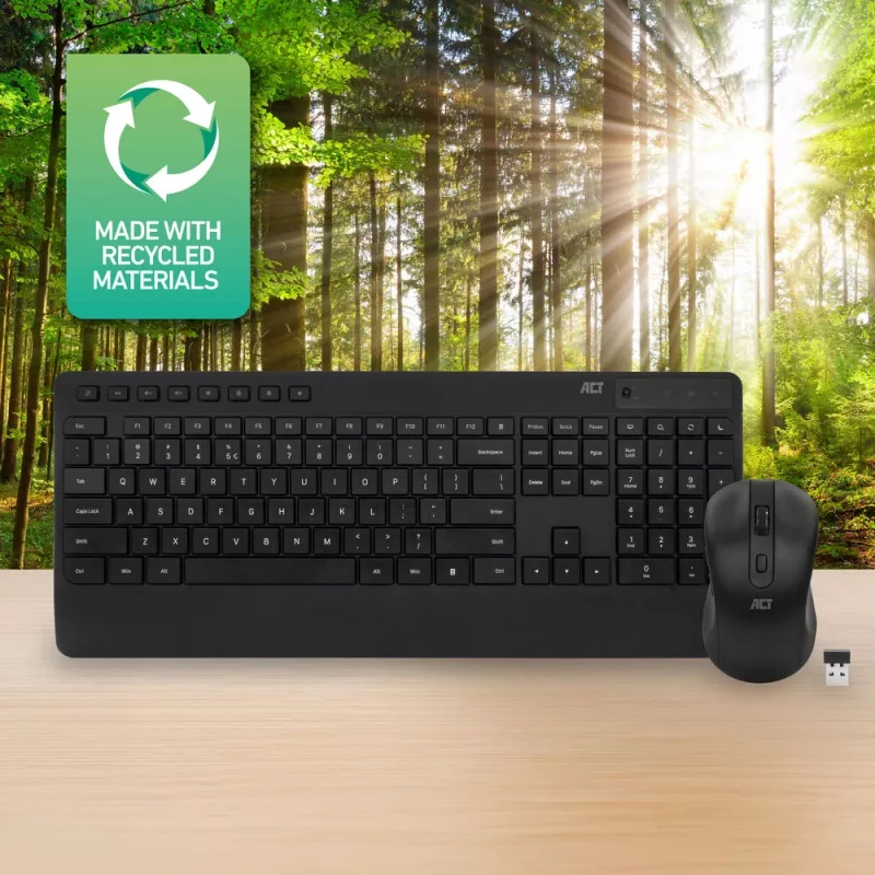 Conjunto de teclado e rato sem fios ACT (Qwerty), clique silencioso, ecológico, feito com materiais reciclados