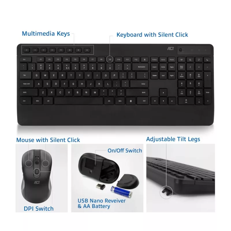 Conjunto de teclado e rato sem fios ACT (Qwerty), clique silencioso, ecológico, feito com materiais reciclados