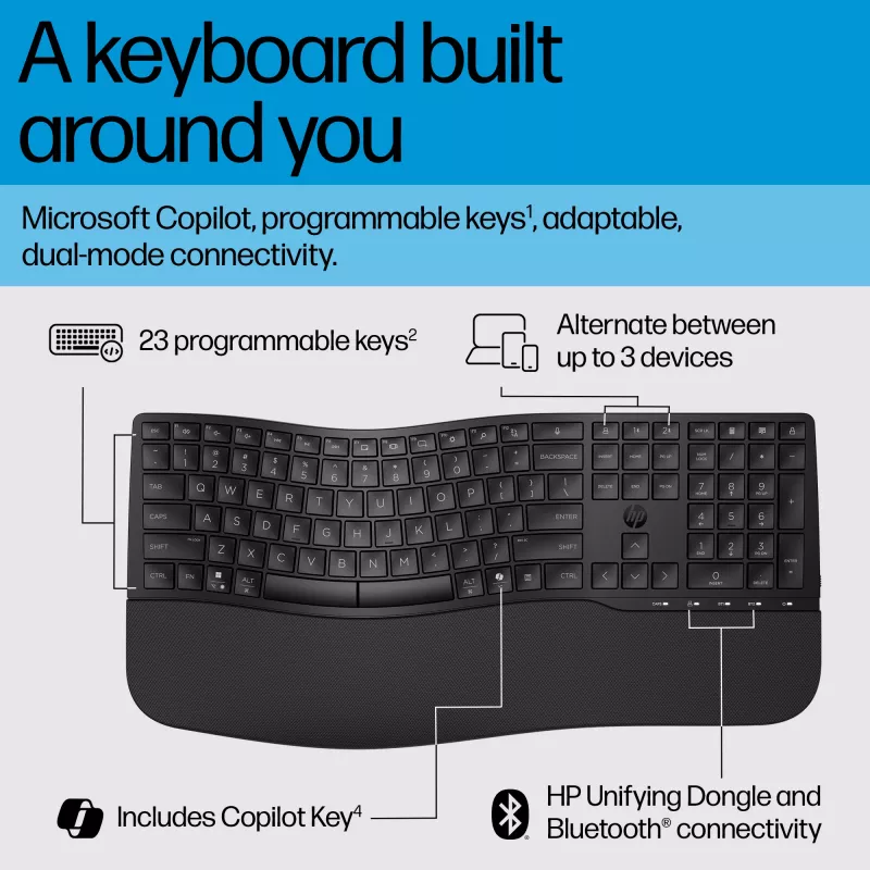 Teclado HP 680 Comfort Dual-Mode, tamanho completo (100%), sem fios, RF Wireless + Bluetooth, QWERTY, preto