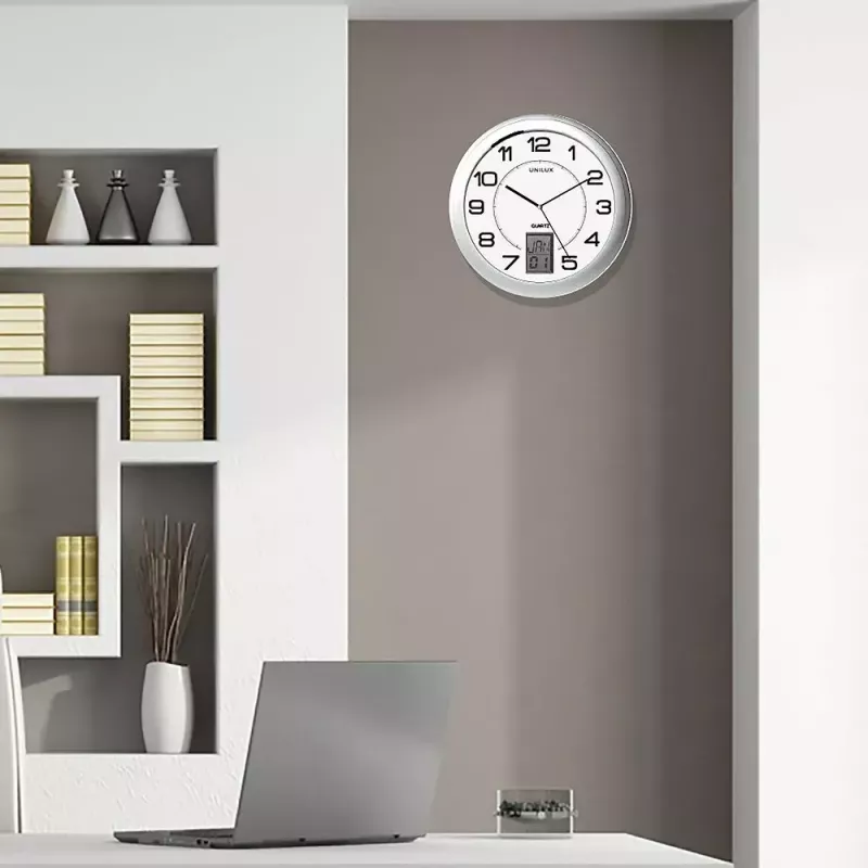 Relógio de parede/mesa Unilux 100340853 — quartzo, redondo metálico prateado, Ø 31 cm, pilha AA/AAA