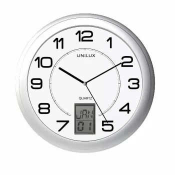 Relógio de parede/mesa Unilux 100340853 — quartzo, redondo metálico prateado, Ø 31 cm, pilha AA/AAA