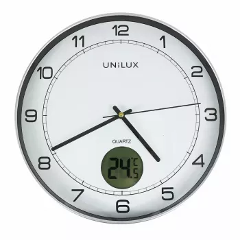 Relógio de parede/mesa Unilux 400094592 — quartzo, redondo metálico prateado, Ø 30 cm, pilha AA/AAA