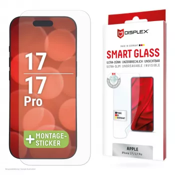 DISPLEX Smart Glass (9H) para Apple iPhone 17/17 Pro, autocolante de montagem, inquebrável