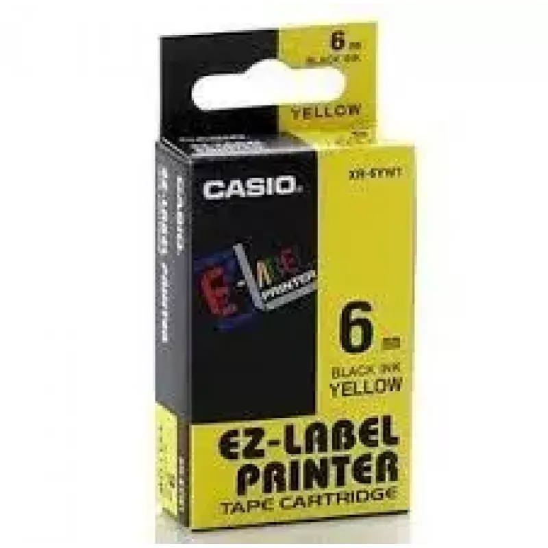 Fita de etiquetas CASIO XR-6YW1 — 6 mm x 8 m, texto preto sobre fundo amarelo, cassete preta