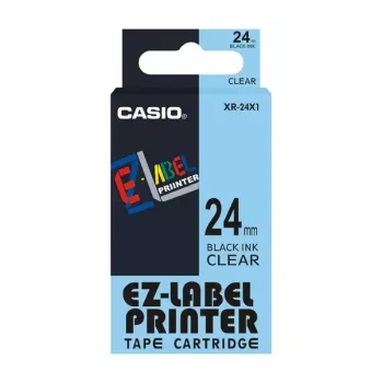 Fita de etiquetas CASIO XR-24X1 — preto sobre transparente, 24 mm × 8 m