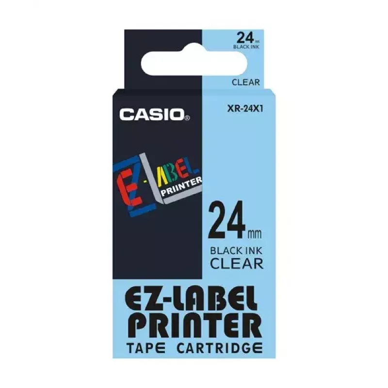 Fita de etiquetas CASIO XR-24X1 — preto sobre transparente, 24 mm × 8 m
