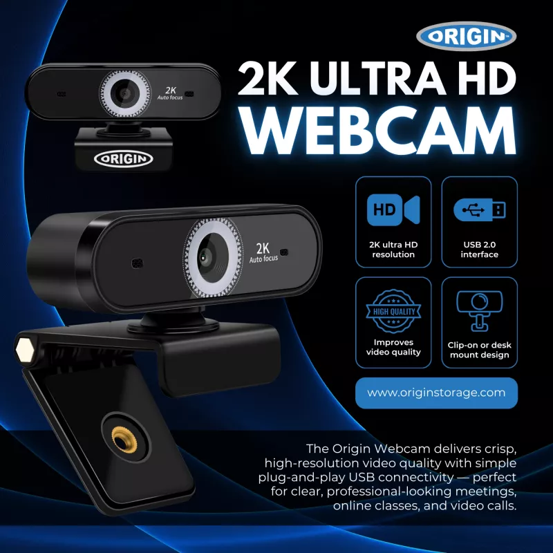 Origin Storage webcam USB 2K Full HD, 5 MP, 2592 x 1944 píxeis, 2K Ultra HD, 60 fps, 10x, USB 2.0
