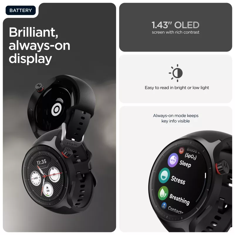 Motorola Moto Watch 3,63 cm (1,43 polegadas) OLED 47 mm ecrã tátil digital preto GPS (satélite)