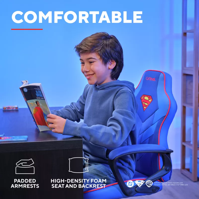 Cadeira gaming TRUST GXT 703SM REVVO Kids Superman azul – cadeira gaming para criança, design ergonómico, funções ajustáveis