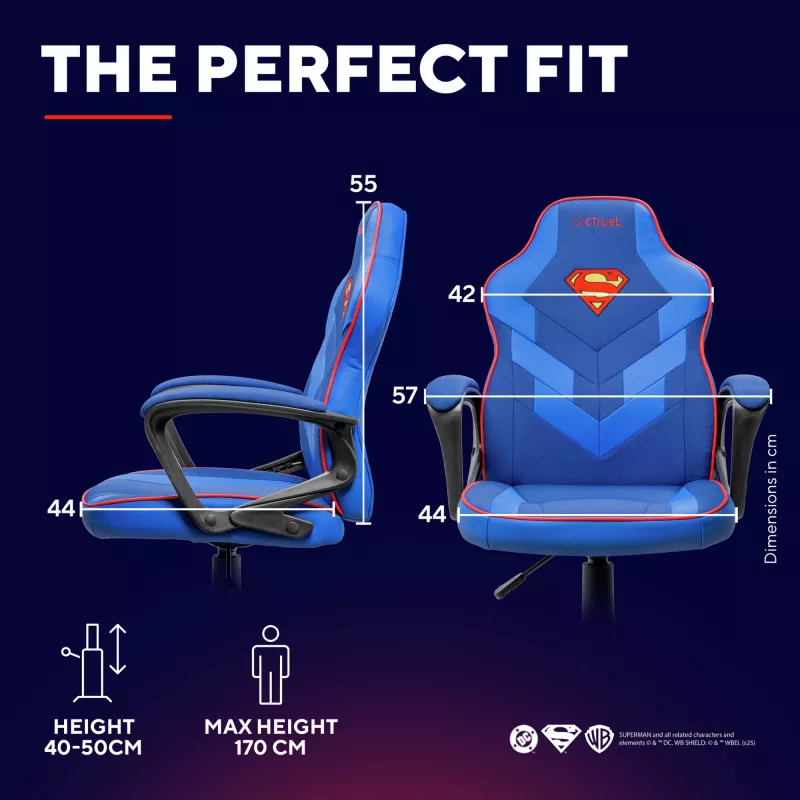 Cadeira gaming TRUST GXT 703SM REVVO Kids Superman azul – cadeira gaming para criança, design ergonómico, funções ajustáveis