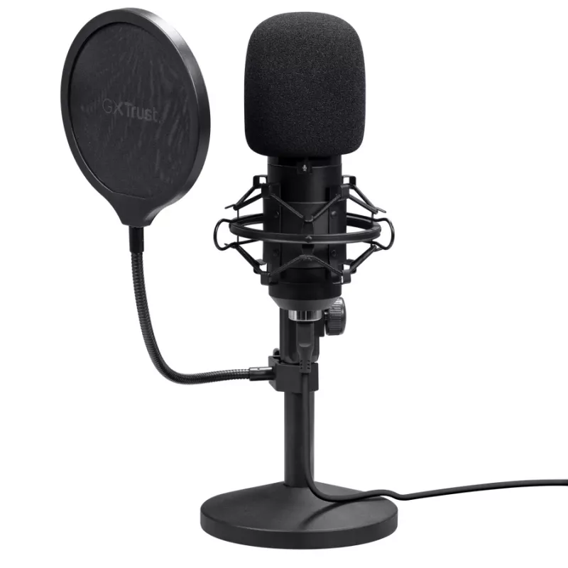 Microfone de estúdio TRUST GXT 269 Emita II — microfone USB com fios, caixa em metal, montagem em mesa, preto (42×162×42 mm)