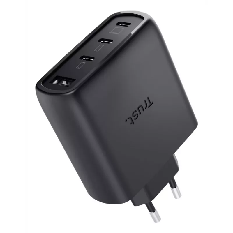 Carregador rápido de parede TRUST Maxo 65W para interiores, 3× USB-C, máx. 20V, cabo de 2m, preto
