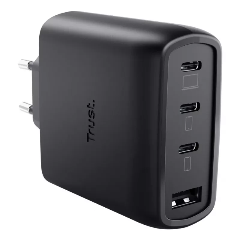 Carregador rápido de parede TRUST Maxo 65W para interiores, 3× USB-C, máx. 20V, cabo de 2m, preto