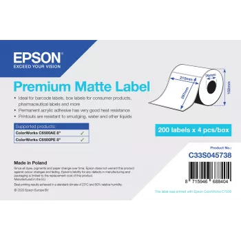 Epson C33S045738 Premium etiquetas mate cortadas A4 (210 x 297 mm), adesivo acrílico permanente, branco intenso