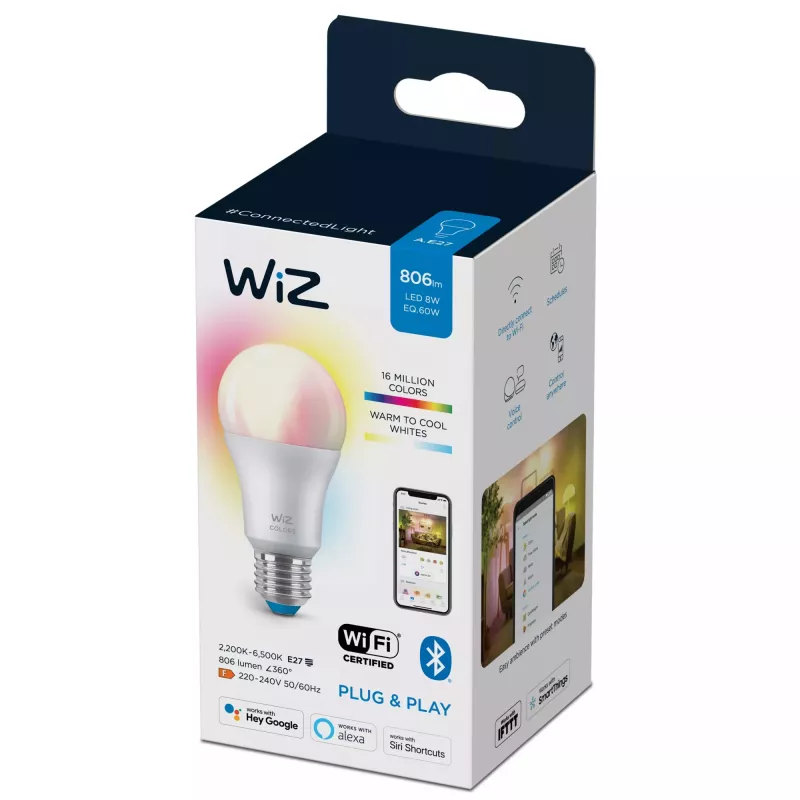 Lâmpada inteligente Telekom WiZ Bulb 8W (Eq.60W) A60 E27 — Wi‑Fi/Bluetooth, 8 kWh/1000h, 60×122 mm