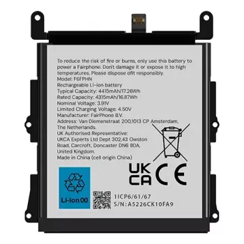 Bateria Fairphone F6BATT-1ZW-WW1 preta 68,2 mm x 6,35 mm