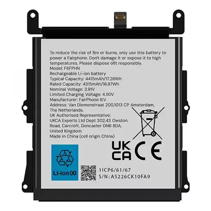 Bateria Fairphone F6BATT-1ZW-WW1 preta 68,2 mm x 6,35 mm