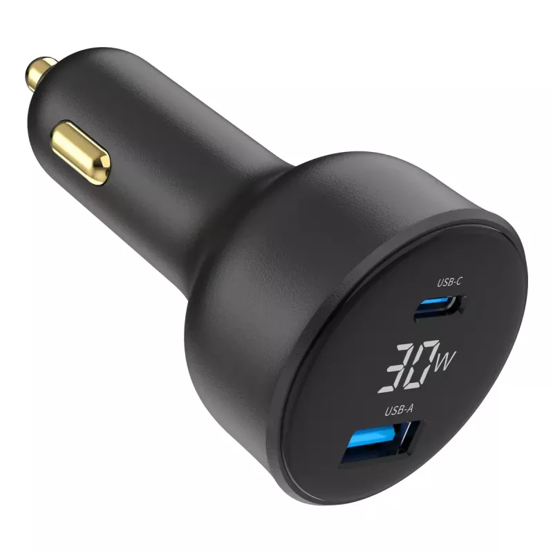 Carregador para automóvel Gembird TA-UC-AC2PD30LCD-CAR-01, USB-C, 30 W, 12–24 V, preto