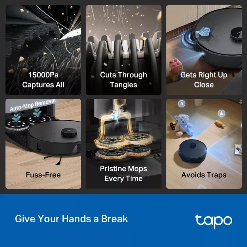 Aspirador robô TP-Link Tapo RV50 Pro Omni — depósito de pó 0,28 L, bateria 5200 mAh, estação base com depósito de pó 3 L
