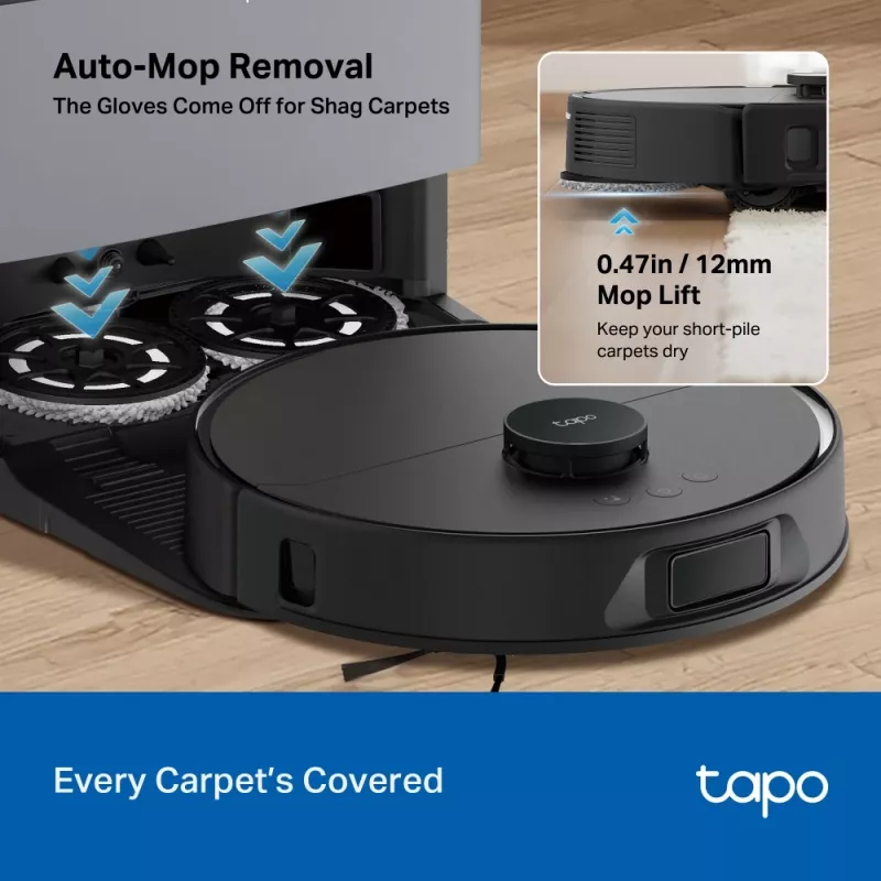 Aspirador robô TP-Link Tapo RV50 Pro Omni — depósito de pó 0,28 L, bateria 5200 mAh, estação base com depósito de pó 3 L