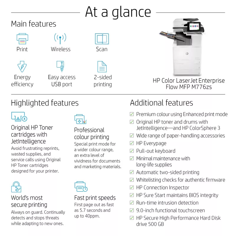 HP Color LaserJet Enterprise Flow MFP M776zs, Laser, Impressão a cores, 1200 x 1200 DPI, A3, Impressão direta, Preto, Branco
