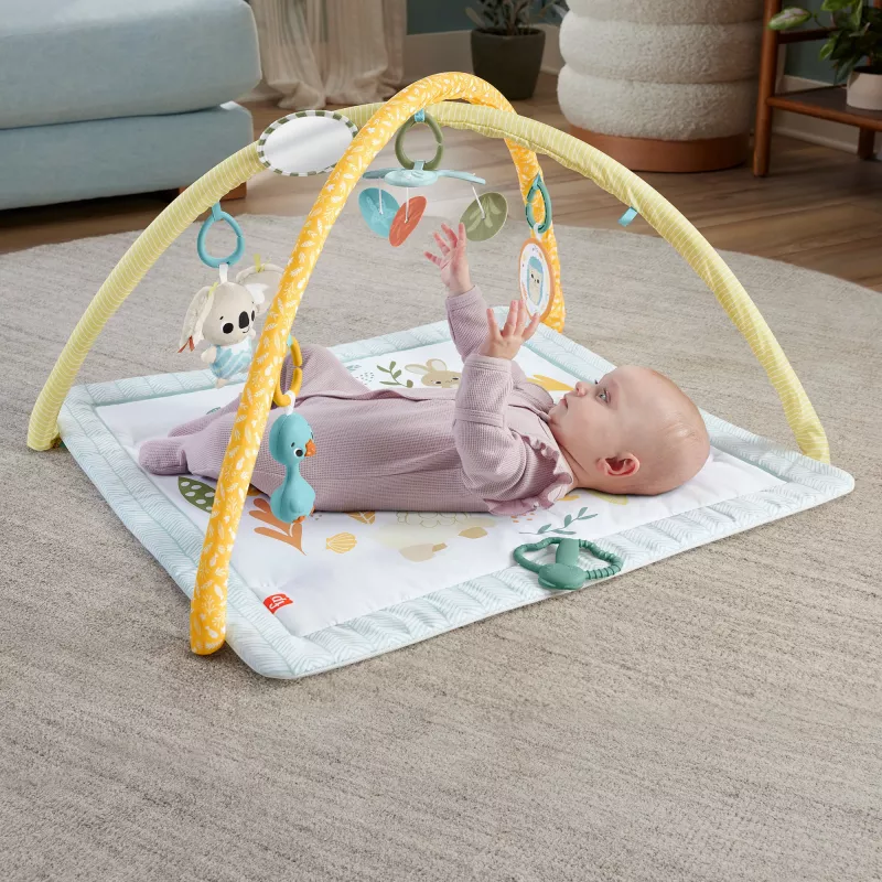 Manta de atividades Fisher-Price Sensimals Simply Senses para recém-nascido Tapete de atividades para bebé com 6 brinquedos sensoriais