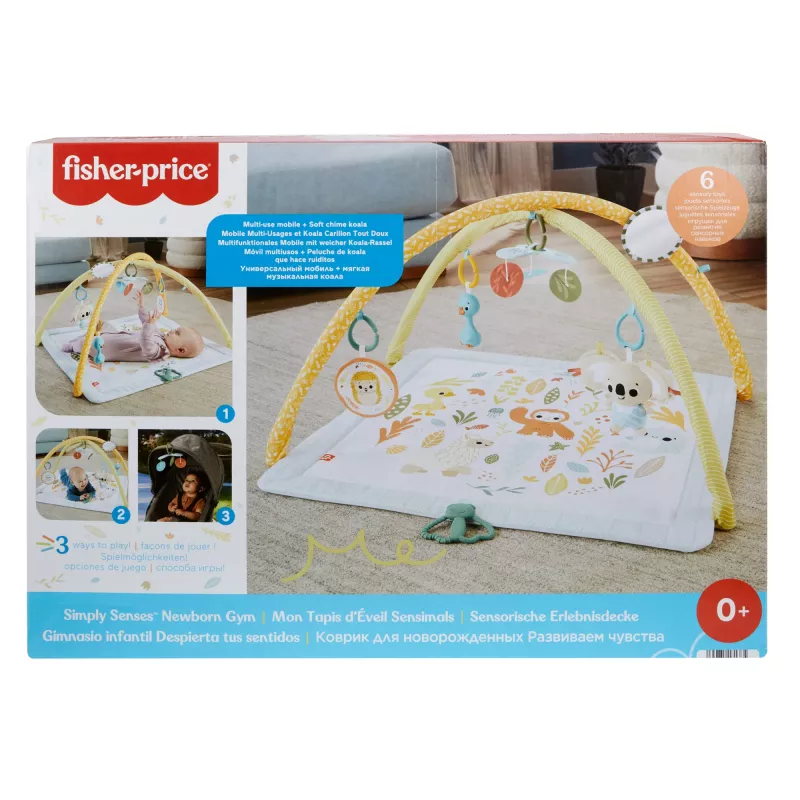 Manta de atividades Fisher-Price Sensimals Simply Senses para recém-nascido Tapete de atividades para bebé com 6 brinquedos sensoriais