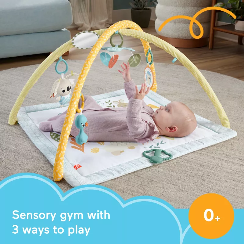 Manta de atividades Fisher-Price Sensimals Simply Senses para recém-nascido Tapete de atividades para bebé com 6 brinquedos sensoriais