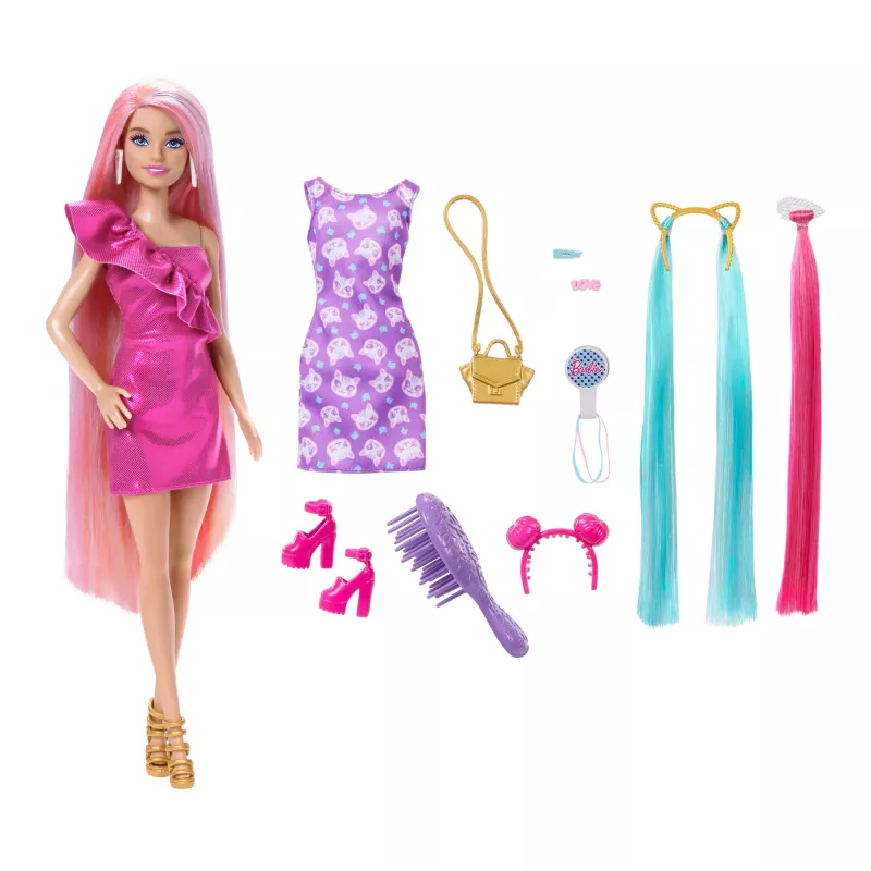 Boneca Barbie Fun & Fancy Hair com cabelo loiro comprido e colorido e acessórios de styling