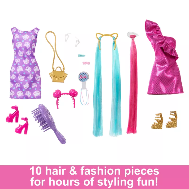 Boneca Barbie Fun & Fancy Hair com cabelo loiro comprido e colorido e acessórios de styling