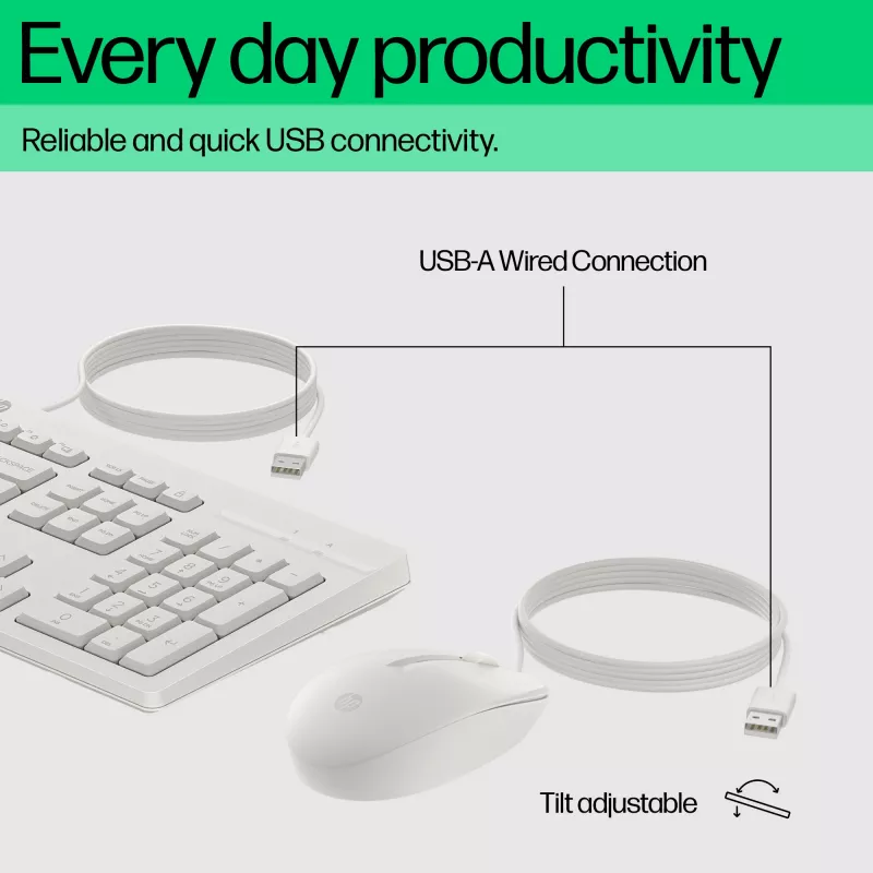 Conjunto de rato e teclado com fios HP 225, tamanho completo (100 %), com fios, USB, branco, rato incluído