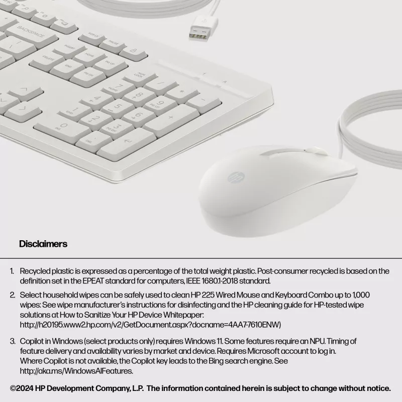 Conjunto de rato e teclado com fios HP 225, tamanho completo (100 %), com fios, USB, branco, rato incluído