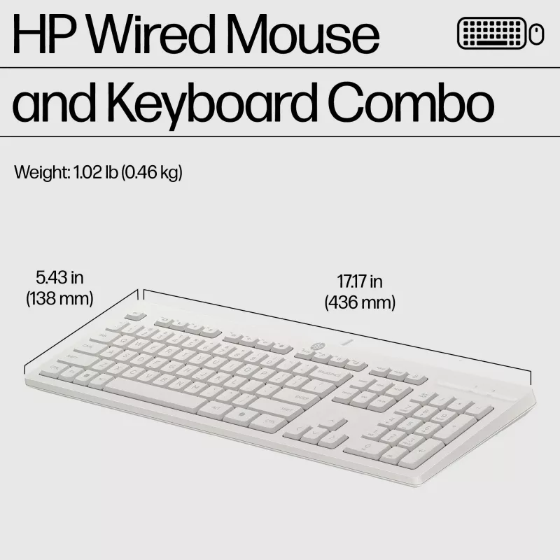 Conjunto de rato e teclado com fios HP 225, tamanho completo (100 %), com fios, USB, branco, rato incluído