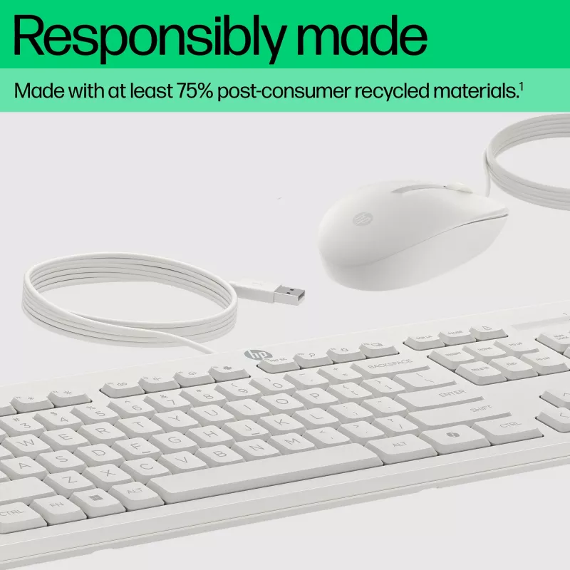 Conjunto de rato e teclado com fios HP 225, tamanho completo (100 %), com fios, USB, branco, rato incluído