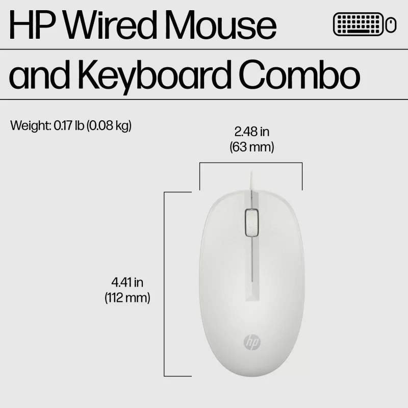 Conjunto de rato e teclado com fios HP 225, tamanho completo (100 %), com fios, USB, branco, rato incluído
