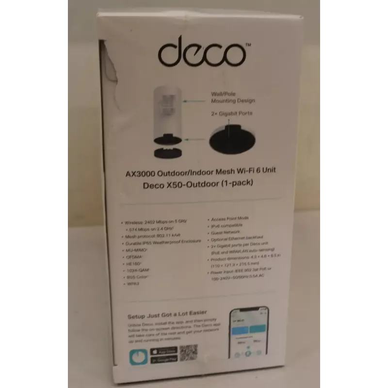 Unidade Wi‑Fi Mesh para exterior TP‑LINK Deco X50‑Outdoor AX3000 • 802.11ax • 2x Gigabit Ethernet • MU‑MIMO • Suporte Mesh • Sem banda larga móvel