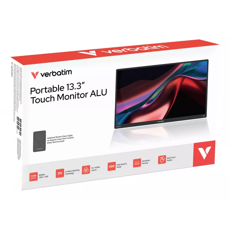 Monitor portátil VERBATIM 13,3 polegadas WUXGA (1920x1200) ecrã tátil IPS, bateria, USB-A/USB-C, 3,5 mm, alumínio, 0,925 kg
