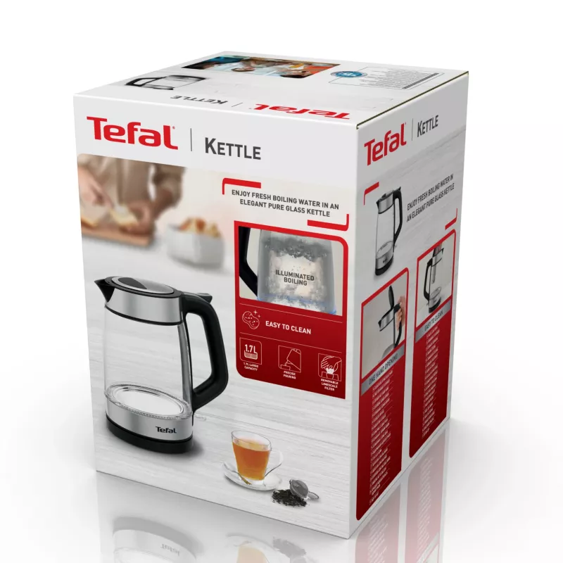 Chaleira elétrica de vidro Tefal KI605830 chaleira elétrica 1,7 L 2200 W preto, prateado, transparente