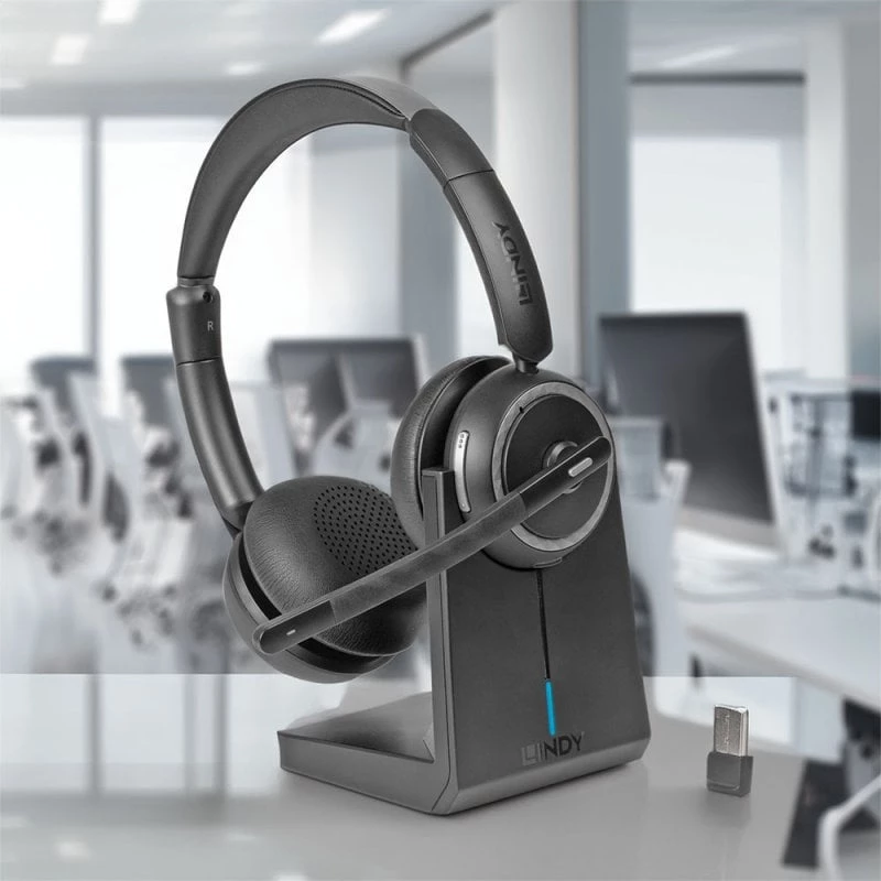 Lindy L118 headset sem fios com cancelamento de ruído e estação de carregamento