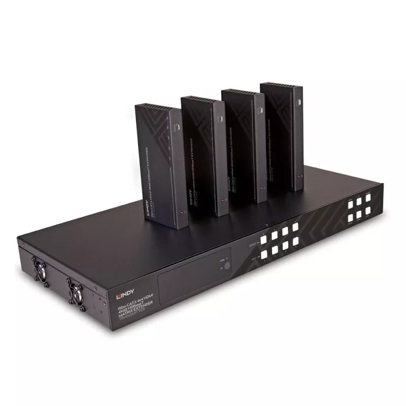 Extensor matriz Lindy Cat.6 4x4 HDMI 4K60 HDBaseT 150 m, 3840 x 2160 píxeis, transmissor e recetor AV, 150 m, com fios, preto, HDCP