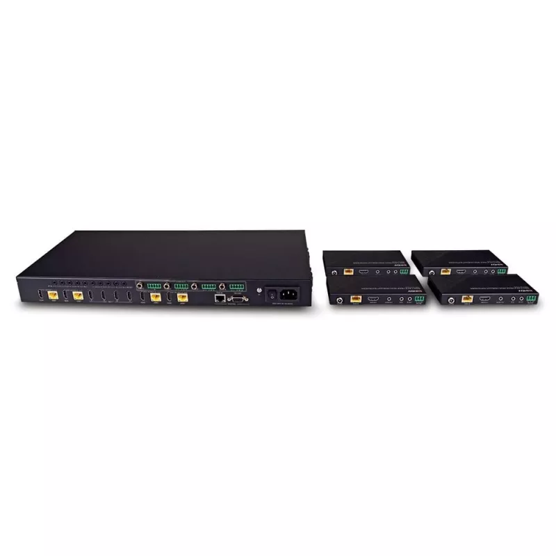 Extensor matriz Lindy Cat.6 4x4 HDMI 4K60 HDBaseT 150 m, 3840 x 2160 píxeis, transmissor e recetor AV, 150 m, com fios, preto, HDCP