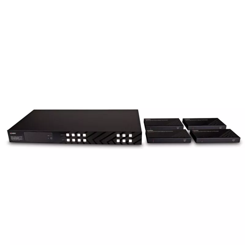 Extensor matriz Lindy Cat.6 4x4 HDMI 4K60 HDBaseT 150 m, 3840 x 2160 píxeis, transmissor e recetor AV, 150 m, com fios, preto, HDCP