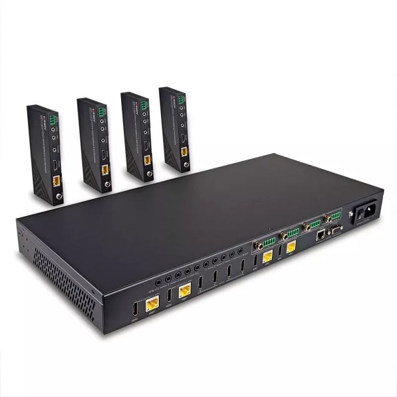 Extensor matriz Lindy Cat.6 4x4 HDMI 4K60 HDBaseT 150 m, 3840 x 2160 píxeis, transmissor e recetor AV, 150 m, com fios, preto, HDCP