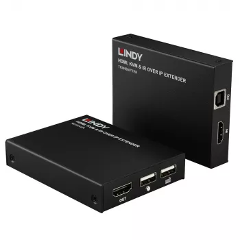 Extensor Lindy HDMI, KVM e IR over IP, transmissor e recetor, com fios, 150 m, Cat5e, Cat6, preto, metal