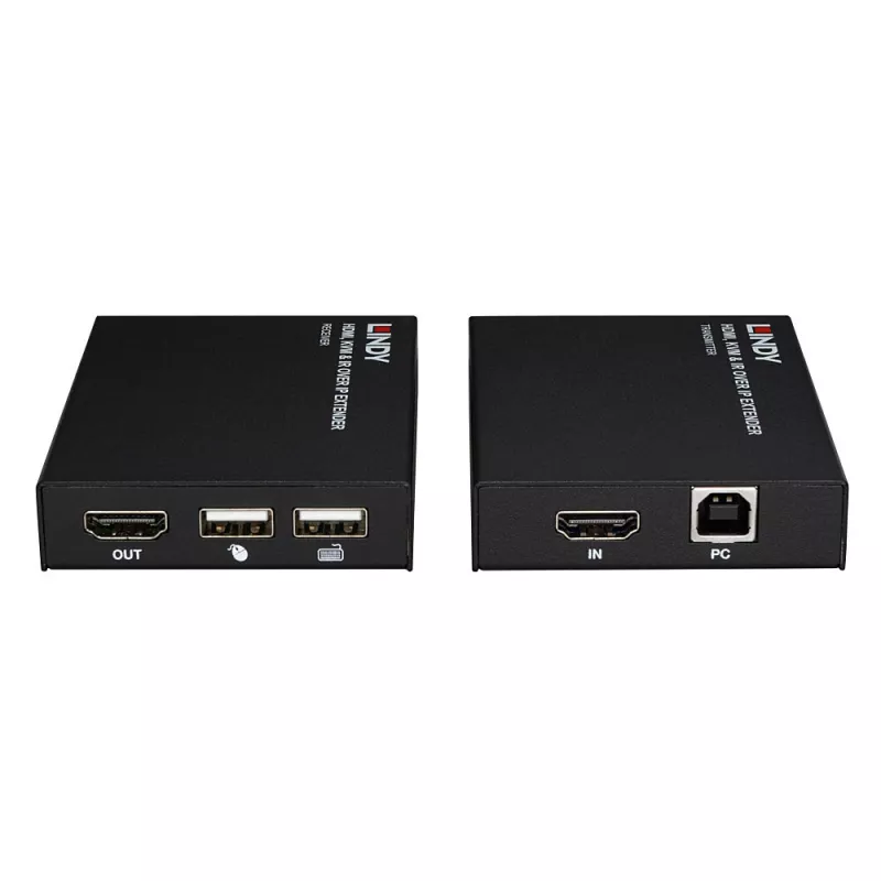 Extensor Lindy HDMI, KVM e IR over IP, transmissor e recetor, com fios, 150 m, Cat5e, Cat6, preto, metal