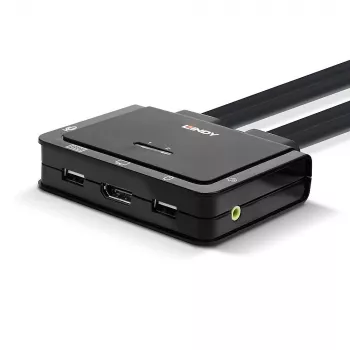 Comutador KVM Lindy 2 portas DisplayPort 1.2, USB 2.0 e áudio com cabos