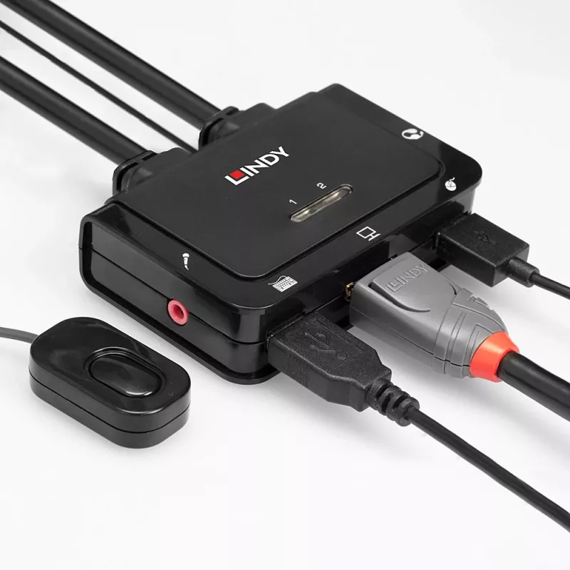 Comutador KVM Lindy 2 portas DisplayPort 1.2, USB 2.0 e áudio com cabos